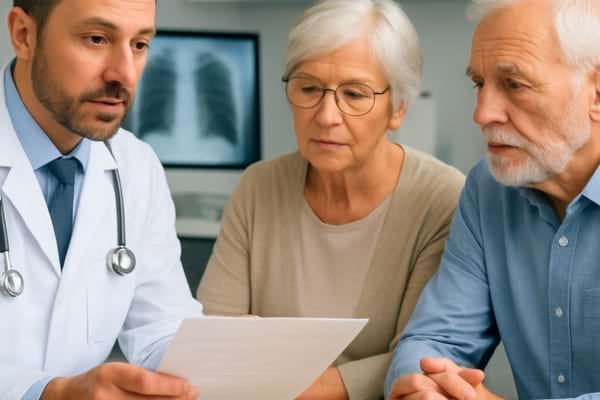 Un m&eacute;decin bienveillant expliquant des r&eacute;sultats d'analyse &agrave; un couple de seniors attentifs