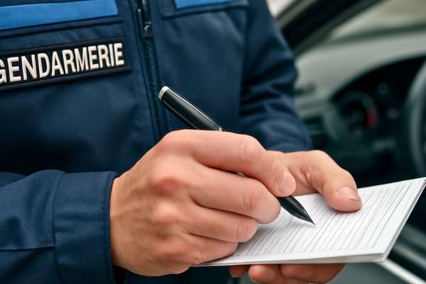  French police officer (Gendarmerie or Police Nationale uniform) writing a ticket on a notepad