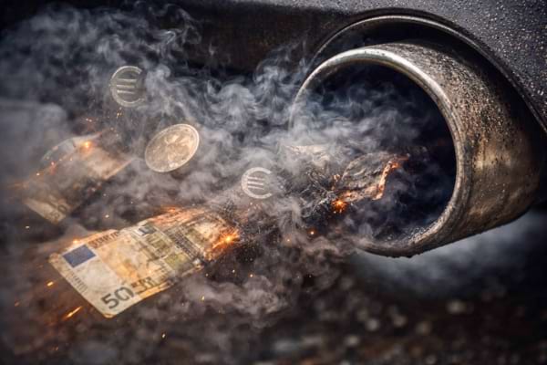 a car exhaust pipe emitting dark grey smoke. Inside the smoke, subtle symbols of euro