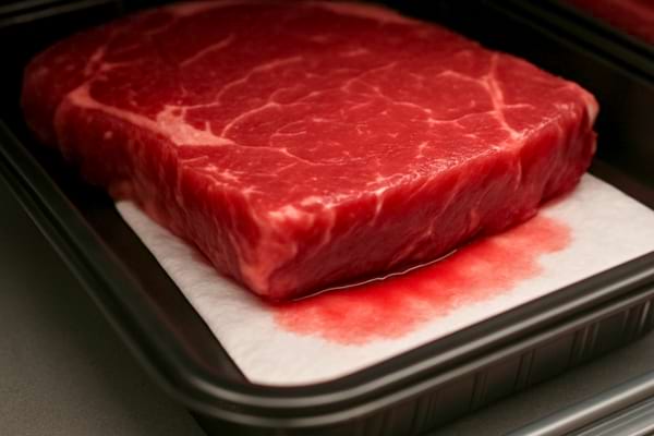Focus on the bottom of the tray where a white absorbent pad is visible, soaking up some red meat juice