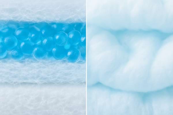 On the left, a close-up cross-section of a meat absorbent pad showing layers (fibers and gel beads). On the right, a soft baby diaper texture