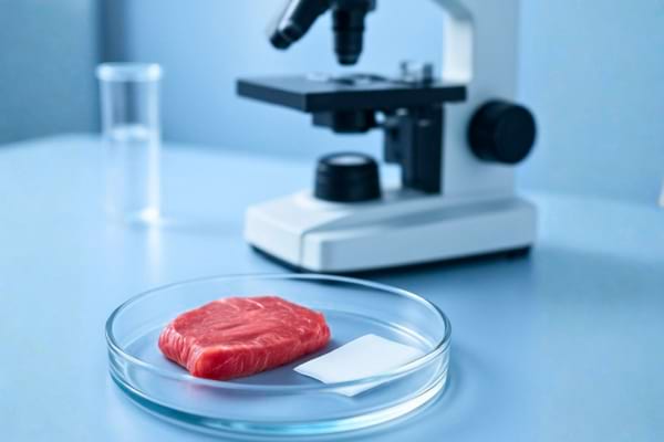 A petri dish containing a piece of raw meat and a small piece of absorbent pad. A microscope in the background.