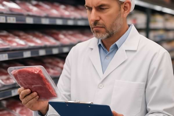A food safety inspector in a white coat holding a clipboard, standing in a supermarket meat aisle