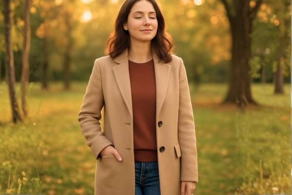 A woman standing outdoors in a park, looking serene and confident