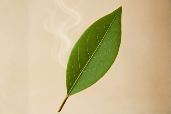 a single bay leaf, showcasing the veins and green texture, with subtle steam or aroma swirls visualization