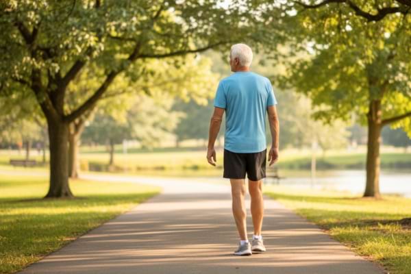 An elderly man, fit, around 75, walking backwards slowly on a paved path lined with trees
