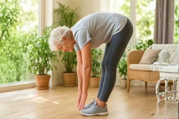 A senior person (gender neutral or woman), 65-70 years old, standing and bending forward to touch their toes 