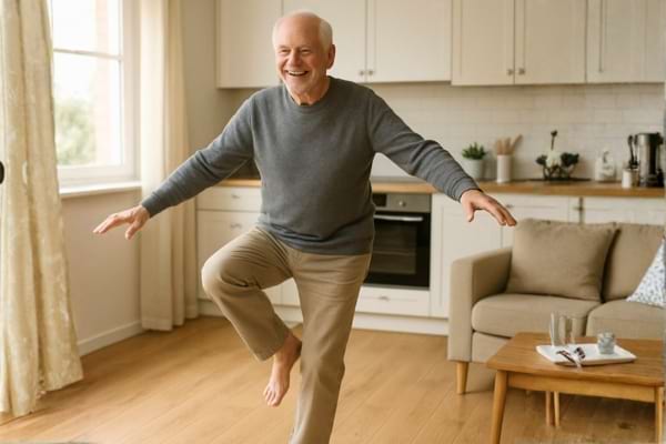 A senior man balancing on one leg in a kitchen or living room. He is laughing slightly, arms slightly out for balance.