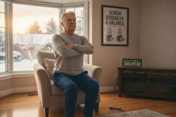 Une personne s&eacute;nior faisant le test de la chaise