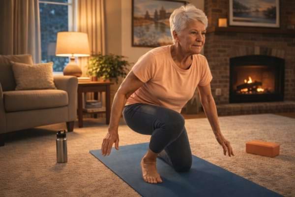 An active senior woman getting up from a yoga mat or a carpet in a living room. 