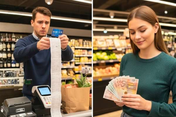 Left side: a person looking stressed looking at a long receipt holding a credit card. Right side: a person looking calm holding cash bills in hand