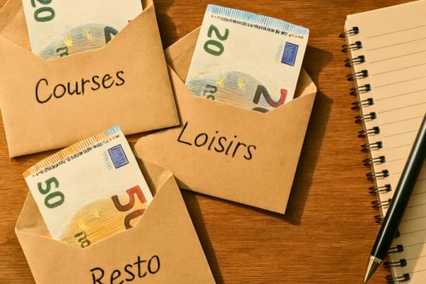 several open paper envelopes labeled "Courses", "Loisirs", "Resto" with Euro banknotes sticking out