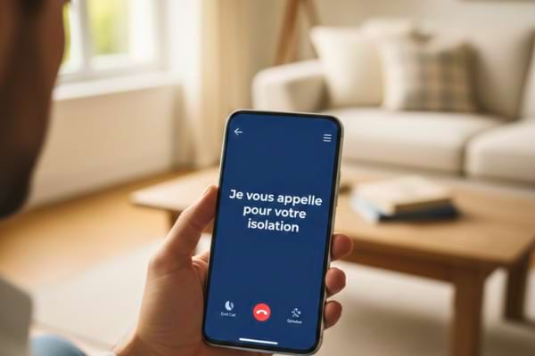 une interface d'appel avec une transcription de texte en direct disant "Je vous appelle pour votre isolation".