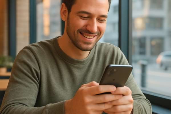 un homme souriant dans un caf&eacute;, regardant son t&eacute;l&eacute;phone Samsung ou Pixel.