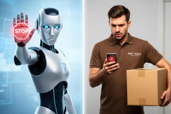 &Agrave; gauche, un robot stylis&eacute; faisant un signe de stop avec la main. &Agrave; droite, un livreur avec un colis 