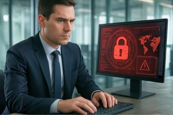 un conseiller bancaire l'air s&eacute;rieux regardant un &eacute;cran d'ordinateur affichant des graphiques de s&eacute;curit&eacute; rouges