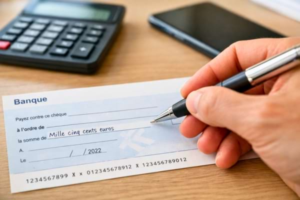 une main tenant un stylo au-dessus d'un ch&egrave;que bancaire de 1 500 euros