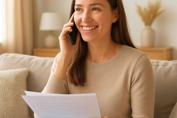 ne jeune femme souriante au t&eacute;l&eacute;phone dans son salon, tenant des papiers administratifs