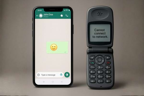 Split screen showing modern smartphone with WhatsApp on left displaying new features, old flip phone on right with error message,