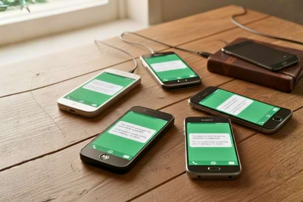 Multiple old smartphones from LG, Motorola, Sony and Huawei brands scattered on wooden desk