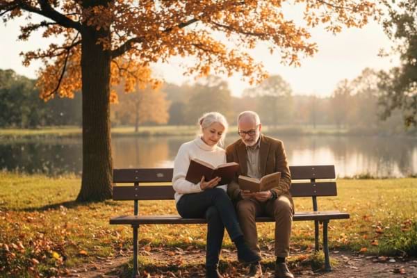 Couple de personnes &acirc;g&eacute;es de 60 ans assis sur un banc dans un parc, chacun lisant son propre livre mais proches