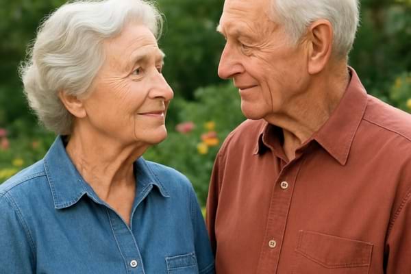 Couple de seniors se regardant avec respect et admiration, debout dans leur jardin