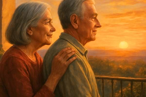 Femme de 60 ans posant tendrement sa main sur l'&eacute;paule de son compagnon pendant qu'ils regardent le coucher de soleil