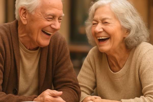 Couple de seniors riant ensemble de mani&egrave;re naturelle et spontan&eacute;e autour d'une table de caf&eacute;