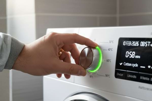a hand turning the temperature dial on a modern washing machine from 60&deg;C to 30&deg;C