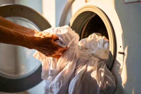 Une personne qui rentre du linge dans un tambour de machine &agrave; laver