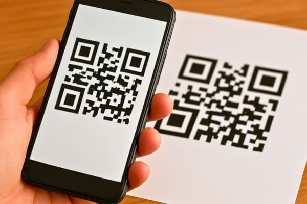 L'écran du téléphone vise un QR code noir imprimé sur une lettre en papier posée sur une table en bois.