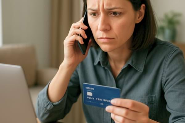 une femme inquiète et sérieuse. Une main tient une carte bancaire,