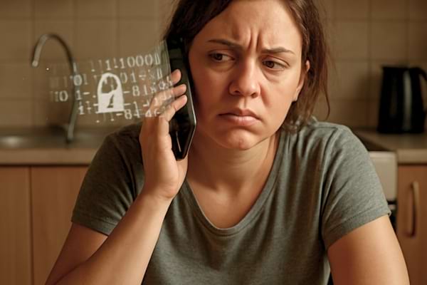 a person looking annoyed and tired holding a smartphone to their ear, sitting in a kitchen