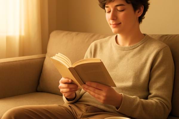 A relaxed person reading a book on a sofa, smartphone lying face down on the table