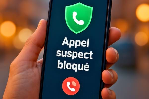 a smartphone hand-held, screen showing a call blocking app interface with a large "SPAM BLOCKED" shield icon in green