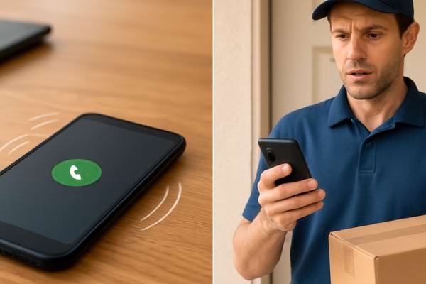 Left side: a phone ringing on a desk ignored. Right side: a delivery driver looking confused in front of a door with a package