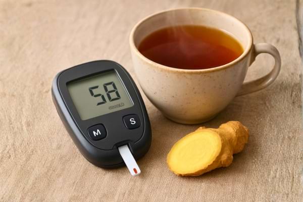 un lecteur de glyc&eacute;mie affichant un chiffre, pos&eacute; &agrave; c&ocirc;t&eacute; d'une tasse de th&eacute; 
