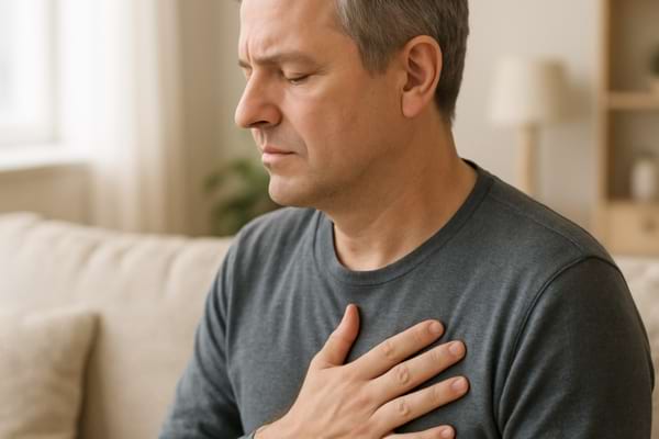 une personne d'&acirc;ge moyen, vue de dos ou de profil, la main pos&eacute;e sur la poitrine comme pour apaiser son c&oelig;ur
