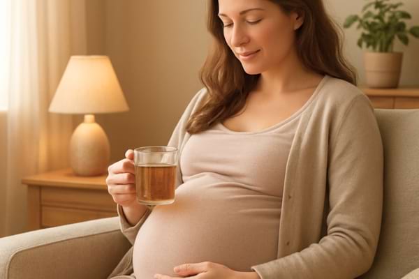 une femme enceinte en fin de grossesse, les mains sur son ventre, assise