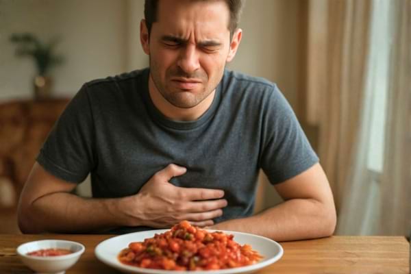 une personne grima&ccedil;ant l&eacute;g&egrave;rement en touchant son estomac apr&egrave;s un repas