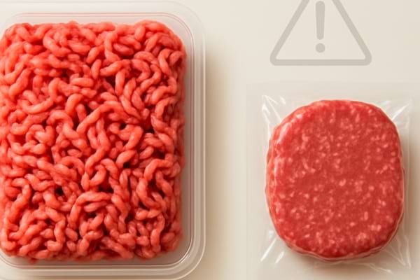 On the left, a bulk package of ground meat looking natural. On the right, a single vacuum-sealed steak