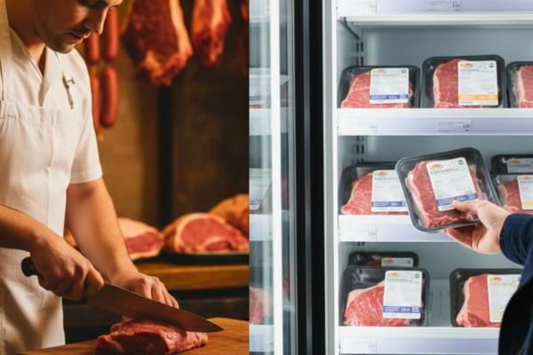 Left side: A traditional butcher in a white apron cutting fresh meat with a knife. Right side: A hand picking up a packaged steak