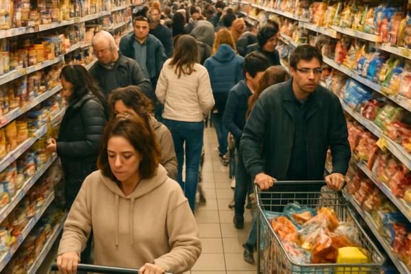 Busy supermarket aisle on a Saturday morning, crowded with people and shopping carts