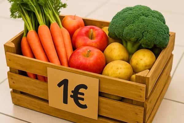 Wooden crate filled with mixed vegetables and fruits (carrots, apples, potatoes) with a sign saying "1&euro;",