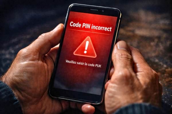 une personne tenant un smartphone moderne, l'&eacute;cran affiche un message d'erreur rouge "Carte SIM bloqu&eacute;e"
