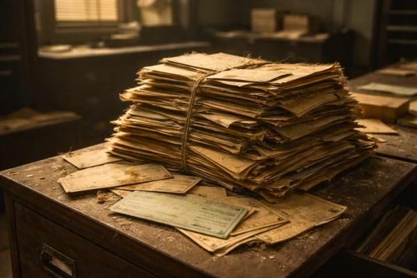 une pile de vieux dossiers et de ch&egrave;ques poussi&eacute;reux dans un bureau administratif vide