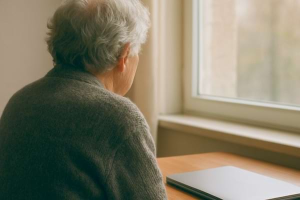 une personne &acirc;g&eacute;e vue de dos, regardant par la fen&ecirc;tre, avec un ordinateur portable ferm&eacute;