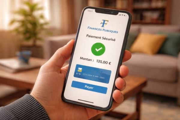 un smartphone tenu en main affichant une application de paiement s&eacute;curis&eacute;e avec le logo des finances publiques