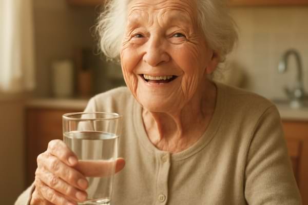 Energetic 102-year-old woman sitting at a kitchen table in the morning sunlight