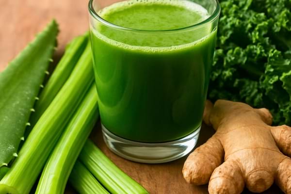 aloe vera leaf, celery stalks, fresh ginger root, and kale leaves. Next to them, a glass of vibrant green juice